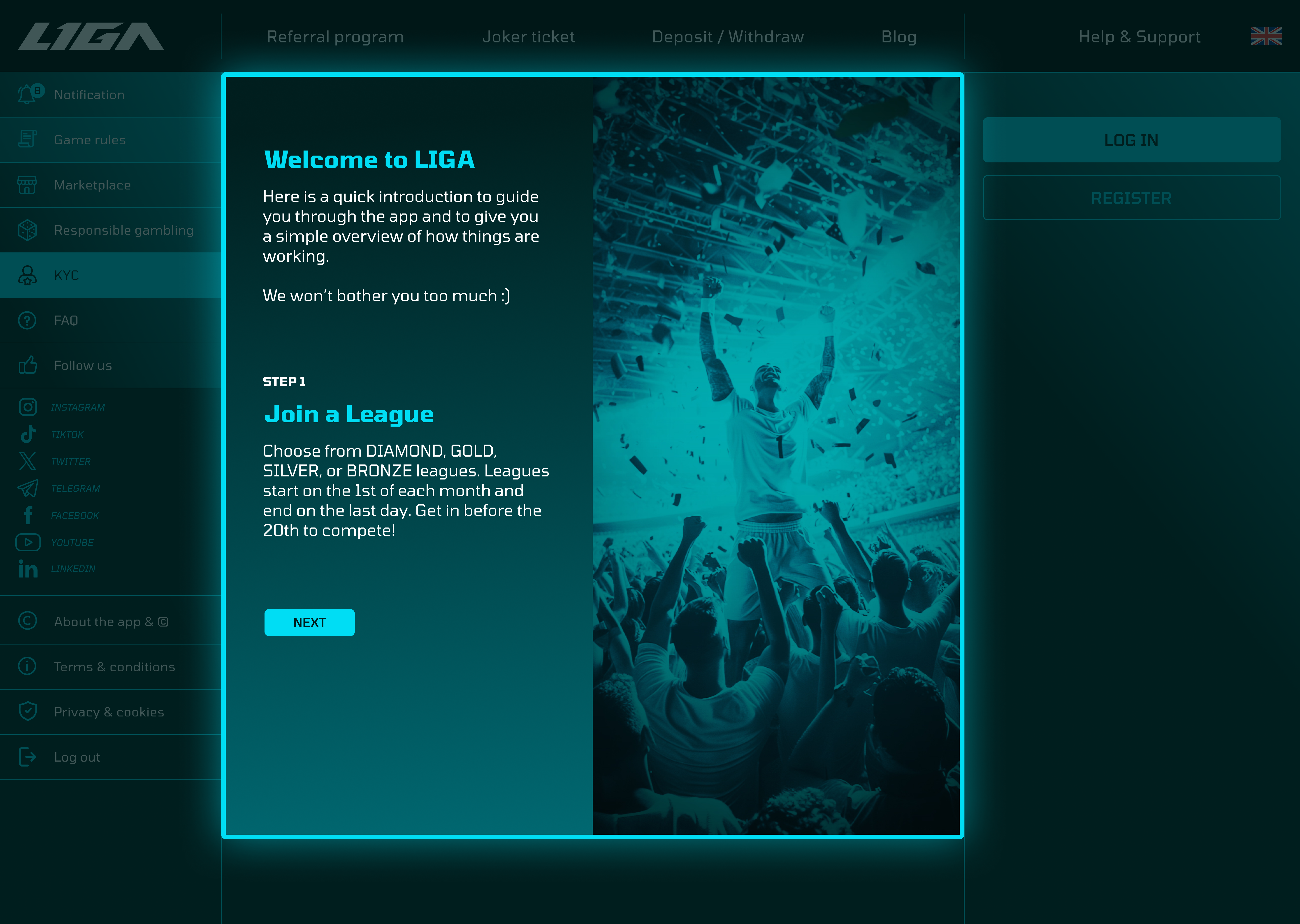 LIGA desktop app introduction screen