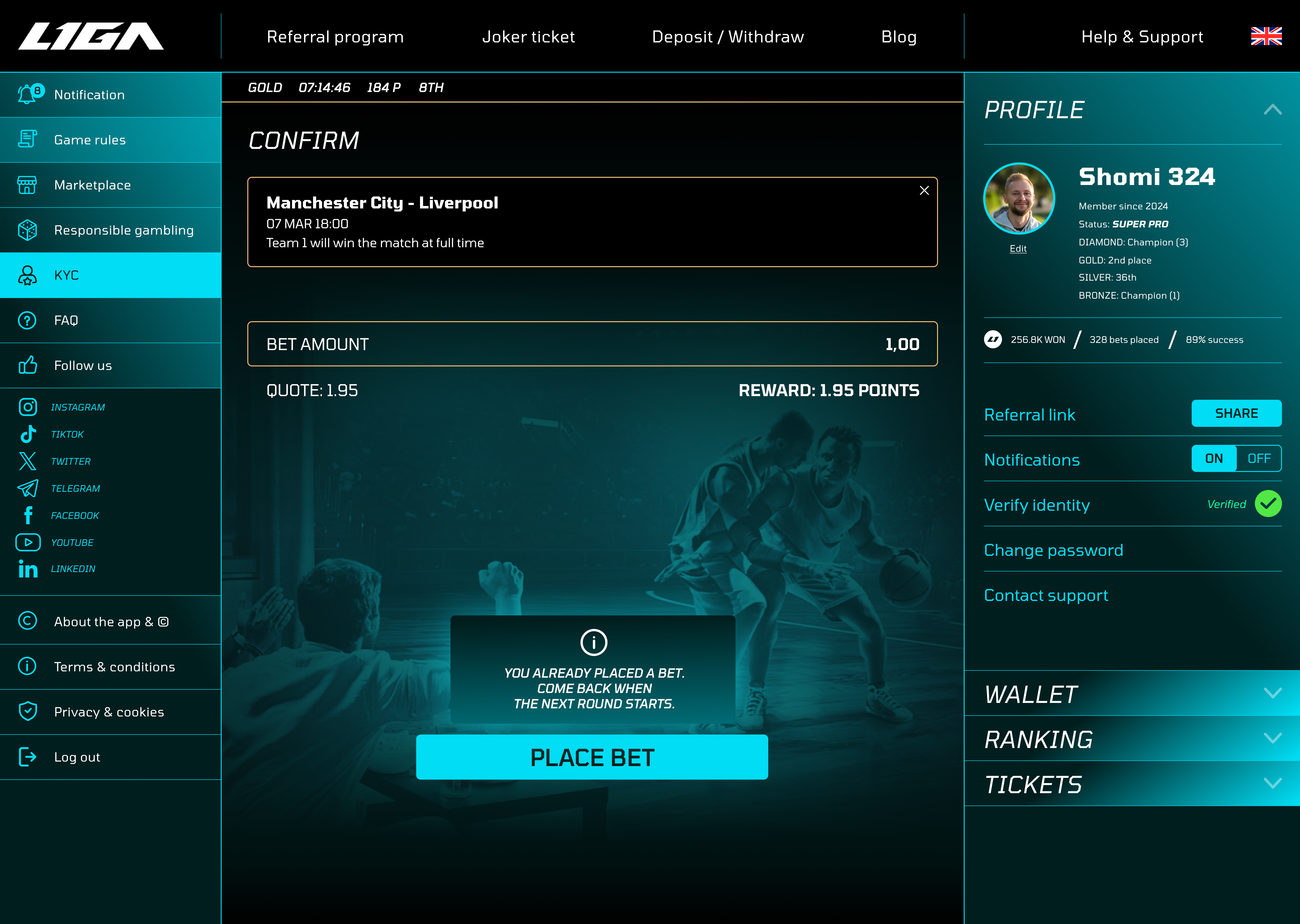 LIGA desktop basketball bet checkout screen