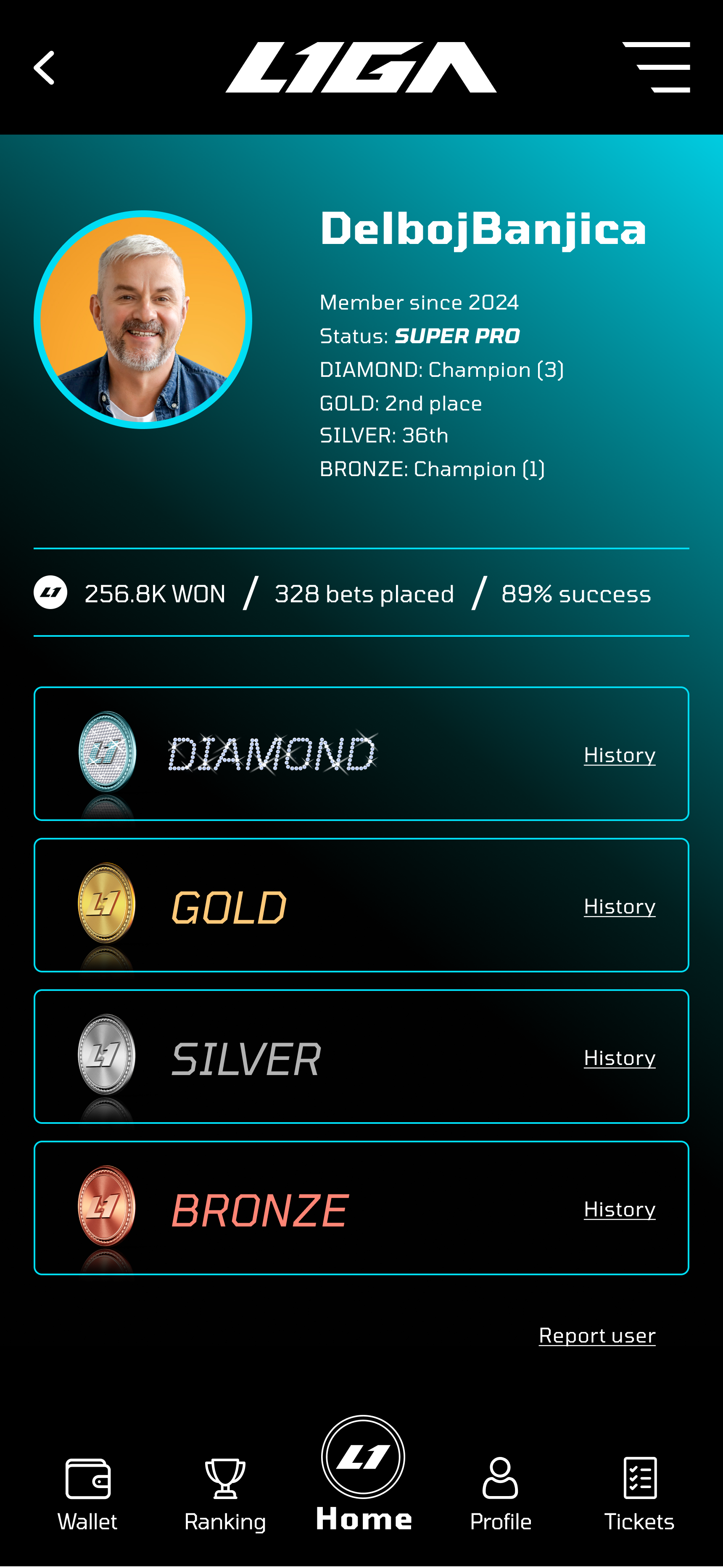 LIGA mobile profile screen